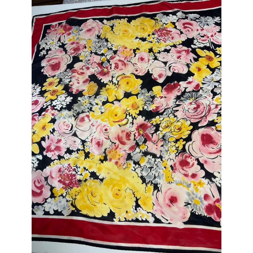 Vera Neumann Vintage Silk Scarf Floral Print Black Red Yellow Square Japan
